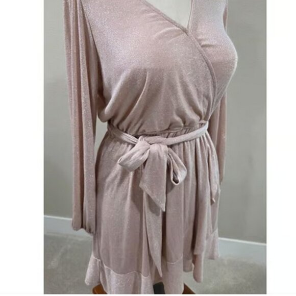 Lauren Conrad Shimmering Pink Long Sleeve Wrap Dress Ruffle Hem Womens L - Picture 4 of 5